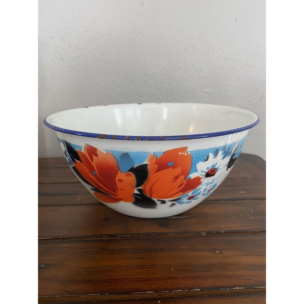 Vintage Enamelware Bowl Floral Hand Painted Farmhouse Rustic Decor Peacock